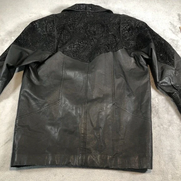 Outbrook Leather Coat Womens Large Black Long Baroque Suede Detail 80s Vintage - Picture 15 of 16